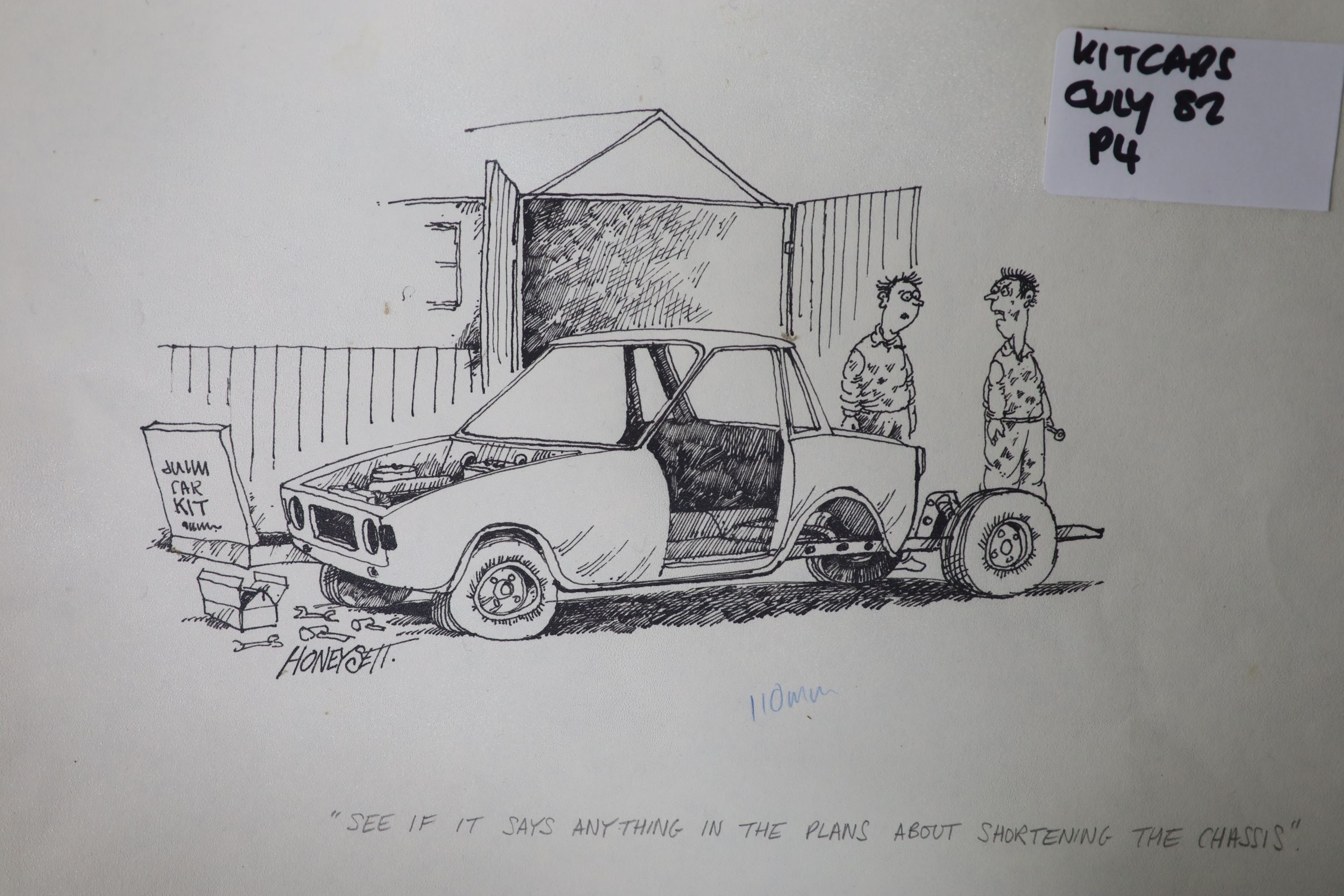 Martin Honeysett (b.1943-), four original cartoons, three wheeler Rolls Royce (Kitcars, Sept 1982), car cleaning, shortening the chassis...(Kitcars July 1982) and water-logged, signed, 20.5 x 30cm. unframed.